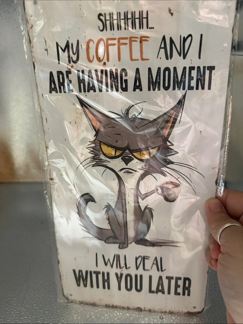 Coffee Cat Wall Sign - White Background with Brown Cat